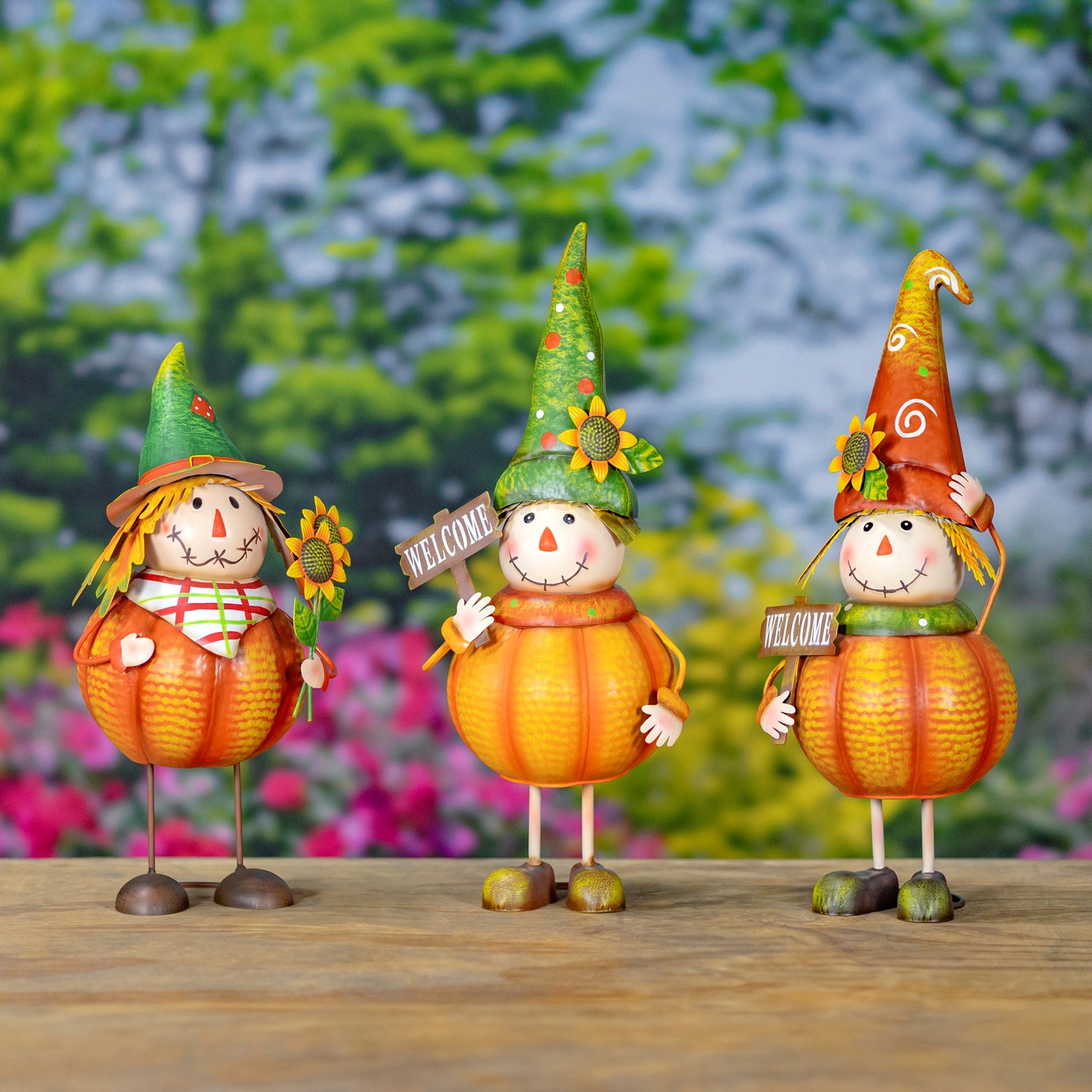 Zaer Ltd. International Pre-Order: S/3 Assorted Pumpkin Scarecrow Figurines "Tatters Stitches & Patches" ZR232358-SET