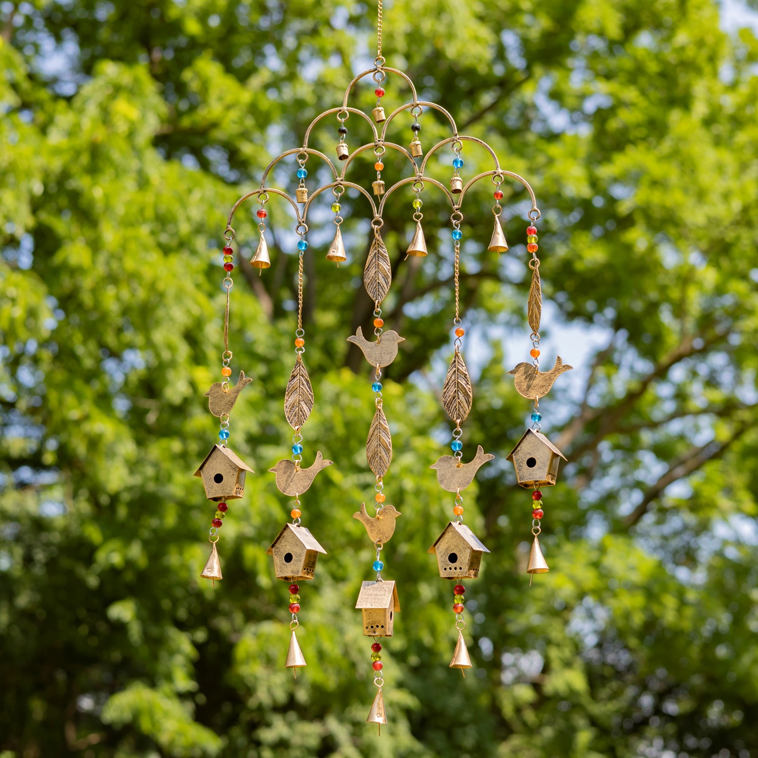 Zaer Ltd International Set of 6 Assorted Gold Metal Wind Chimes with Bird Accents "Acadia Wind Chimes" LS011447-SET