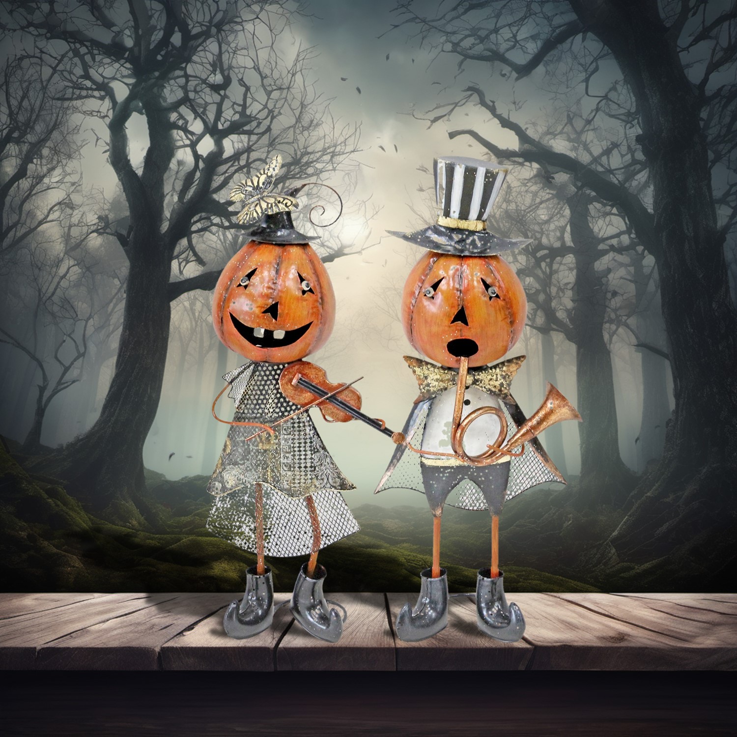 Set of 2 Metal Jack-O-Lantern Musician Couple Set of 2 Metal Jack-O-Lantern Musician Couple