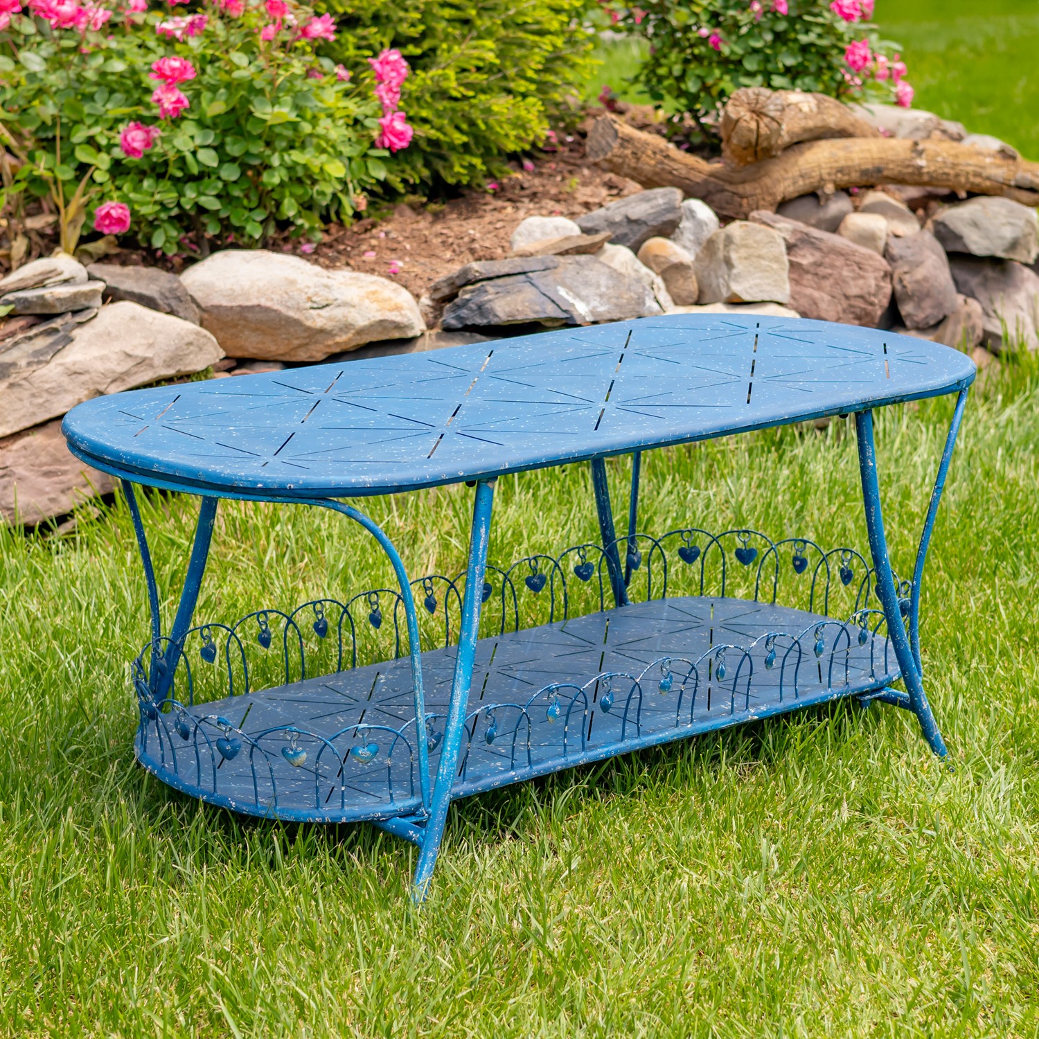 Zaer Ltd International 47.25"L. Embellished Oval Metal Garden Table with Shelf in Blue "Toulouse 1275" ZR194619-BL