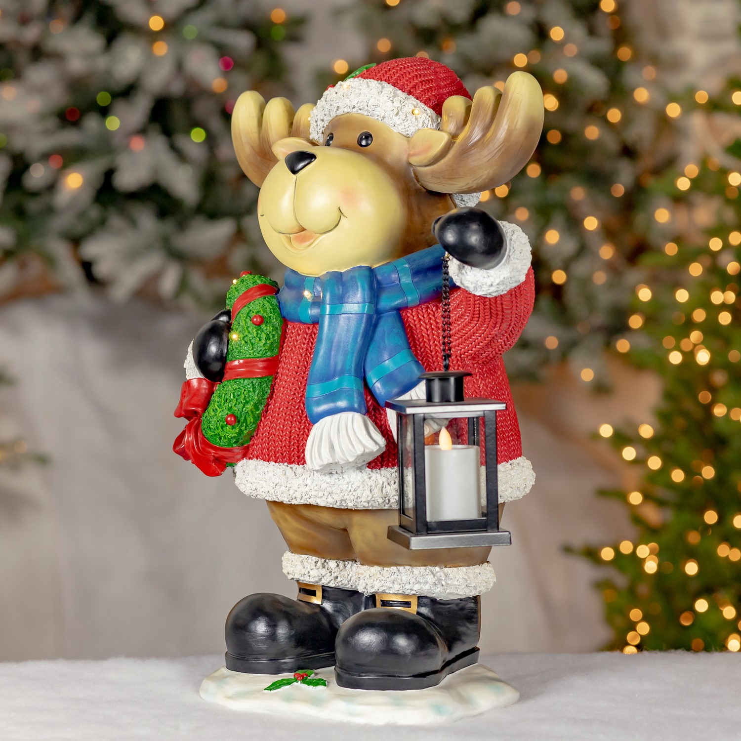 Zaer Ltd International 24.2" Tall Polyresin LightUp Moose Christmas Decoration w/Lantern & Wreath "Mac" ZR220009