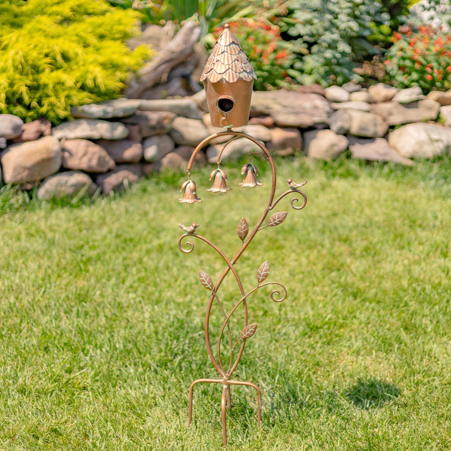 Zaer Ltd International 45" Tall Elegant Iron Birdhouse Stake with Dangling Angel Trumpet Bells ZR235217