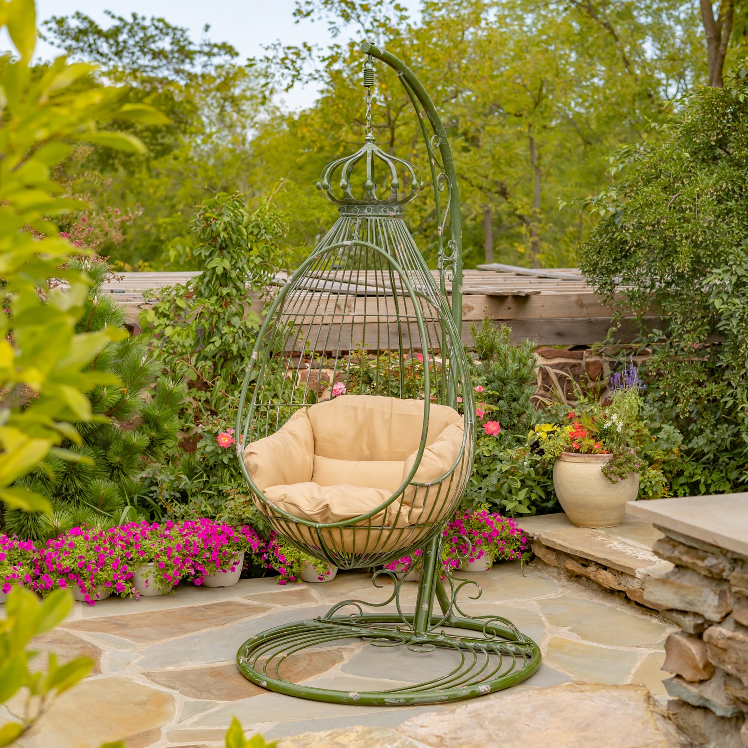 Zaer Ltd International 89" Tall One-Person Hanging Metal Egg Chair & Stand in Antique Green "Elizabeth" ZR923470-GR