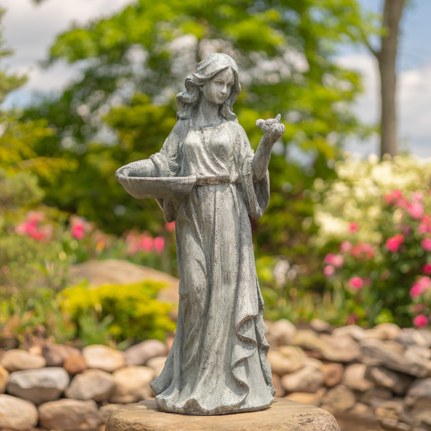 Zaer Ltd International 38" Tall Magnesium Girl Holding Bird and Bowl Garden Statue in Grey "Holly" ZR131740-GY