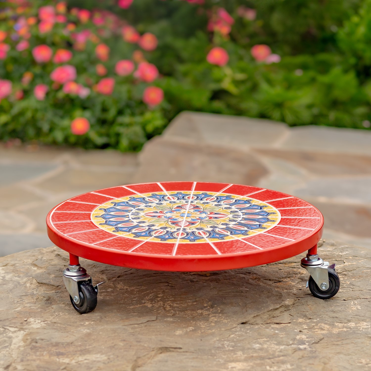 Zaer Ltd. International 13.8" Ceramic Mosaic Tile Plant Trolley "Paris" - Red/Blue/Yellow ZR850044