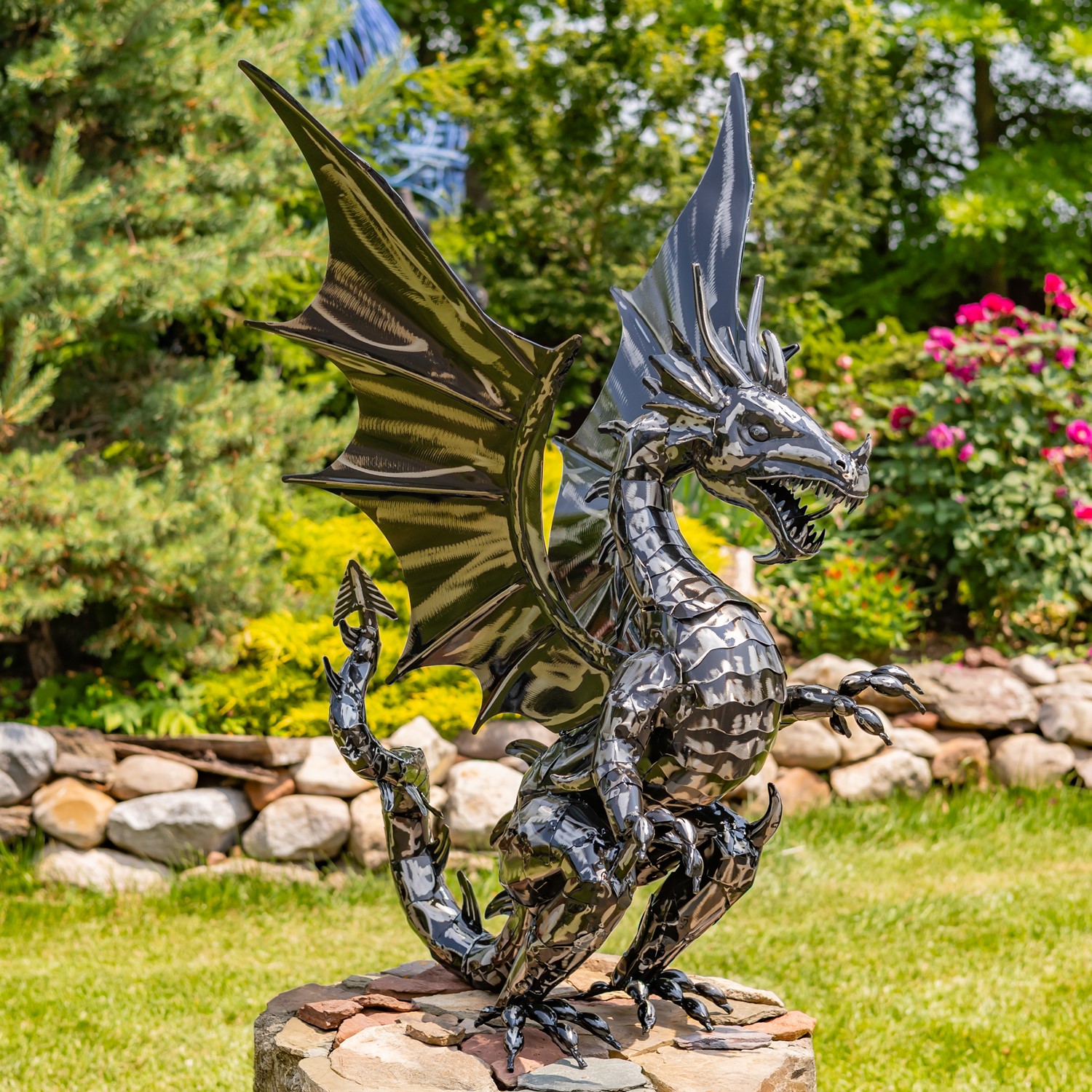 Zaer Ltd. International 44" Tall Ferocious Metal Dragon Statue Standing Upright "Tarragon" ZR240405