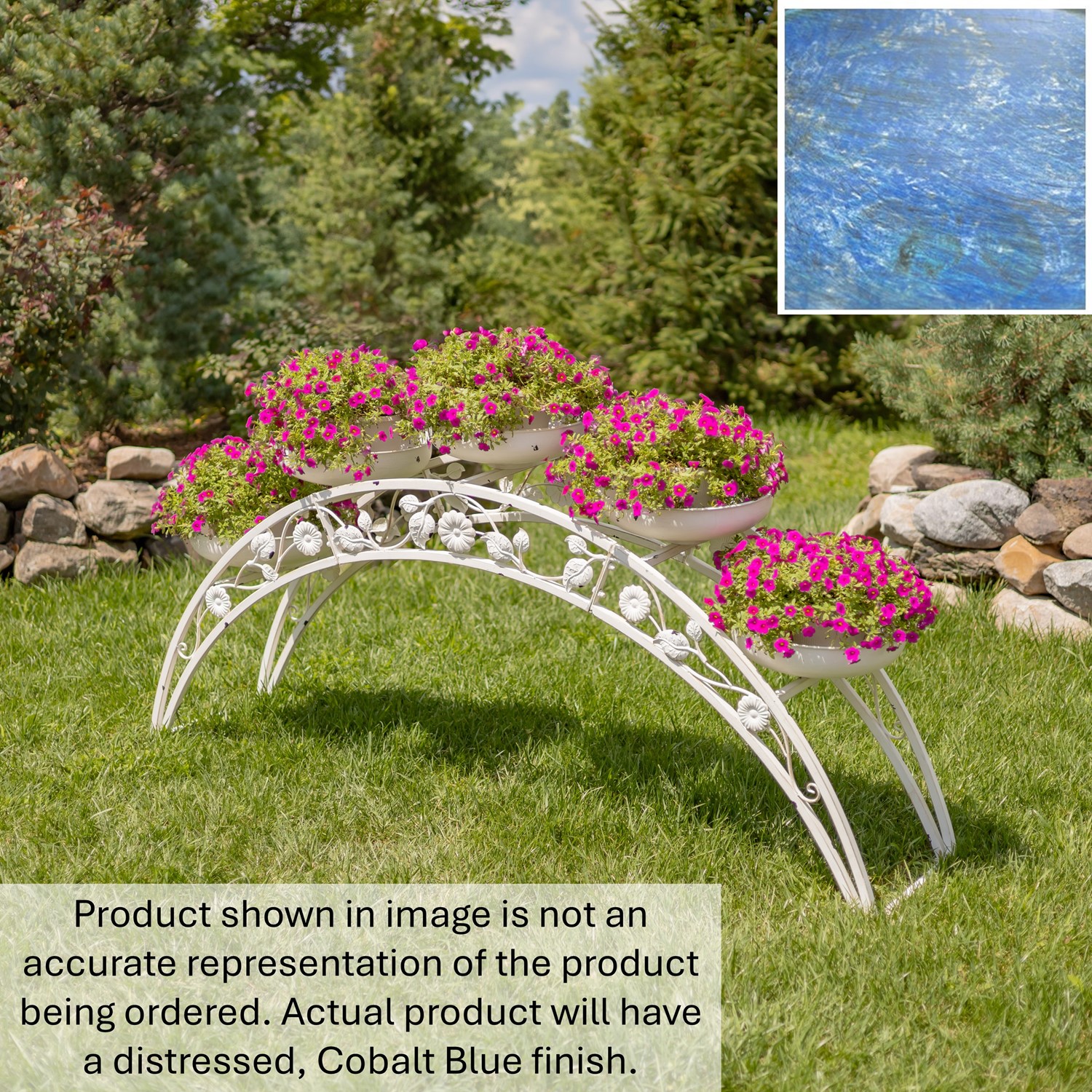 Zaer Ltd. International Pre-Order: 5ft. L. Bridge-Like Iron Plant Stand w/5 Planters in Blue "Helsinki" ZR230420-BL