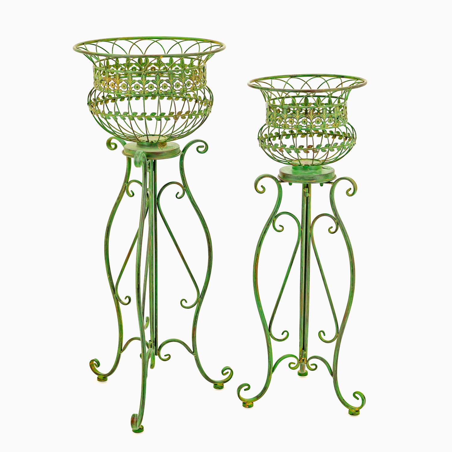 Zaer Ltd. International Set of 2 Standing Iron Basket Plant Stands in Antique Green "London 1820" ZR191035-GR