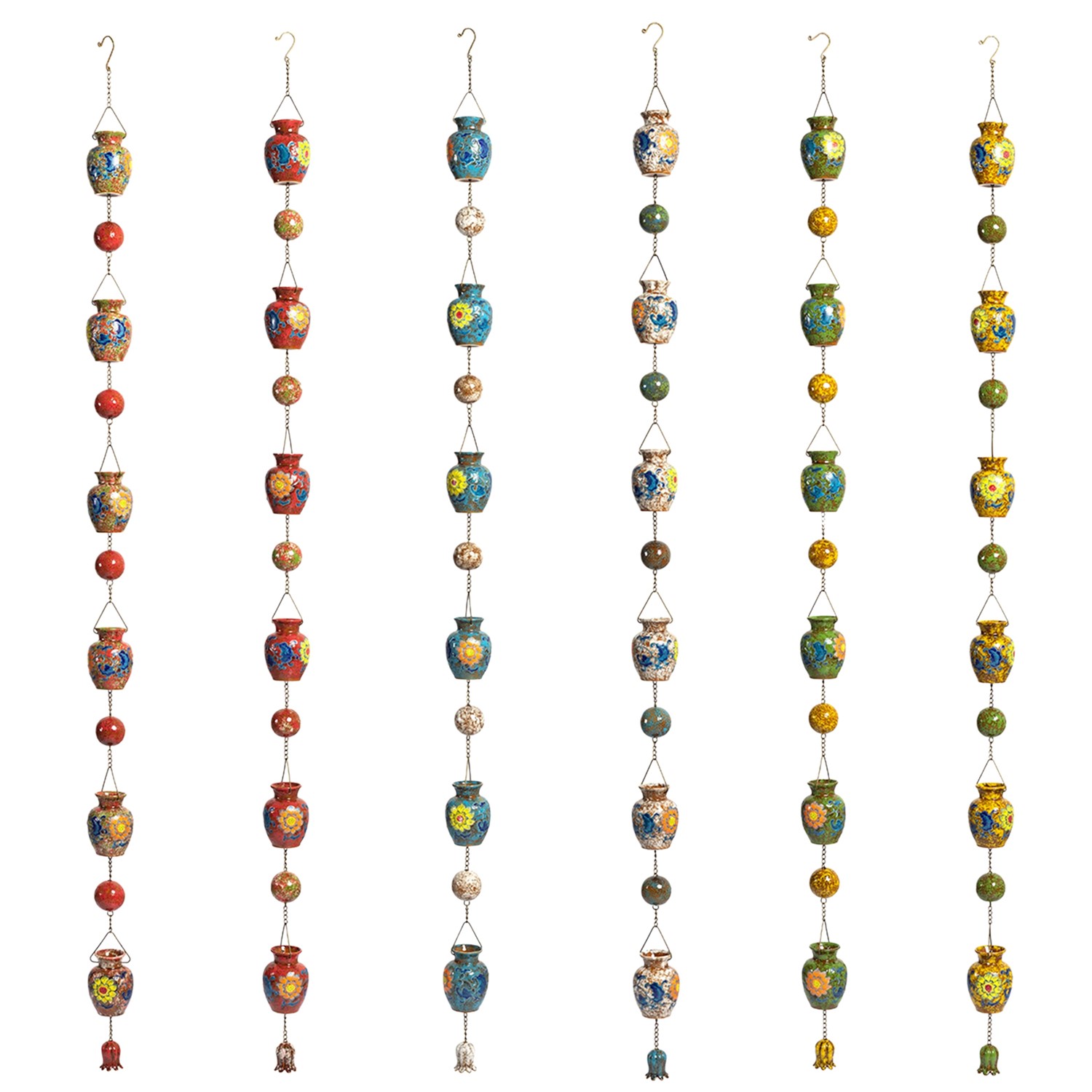 Zaer Ltd International Set of 6 Assorted 77.5" Long Hand Painted Multicolor Porcelain Vase Rain Chains ZR240023-SET