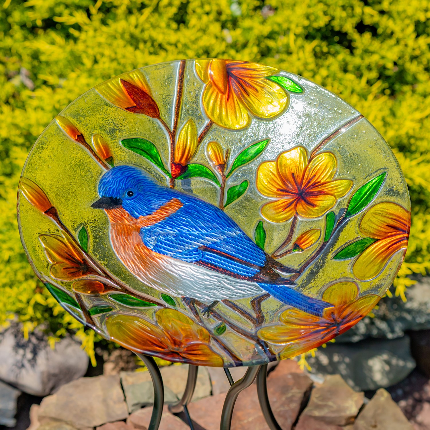 Zaer Ltd International 18" Glass Bowl Bluebird Birdbath with Metal Stand "Idaho" ZR180906