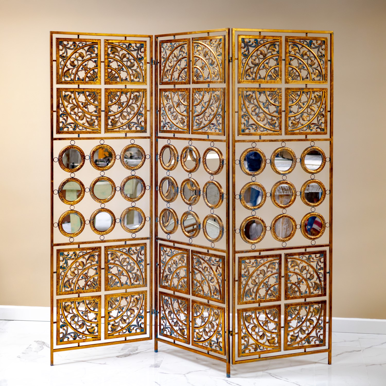 Zaer Ltd International Pre-Order:  Three Panel Decorative Folding Screen with Mirror Accents "Riordan" ZR233088