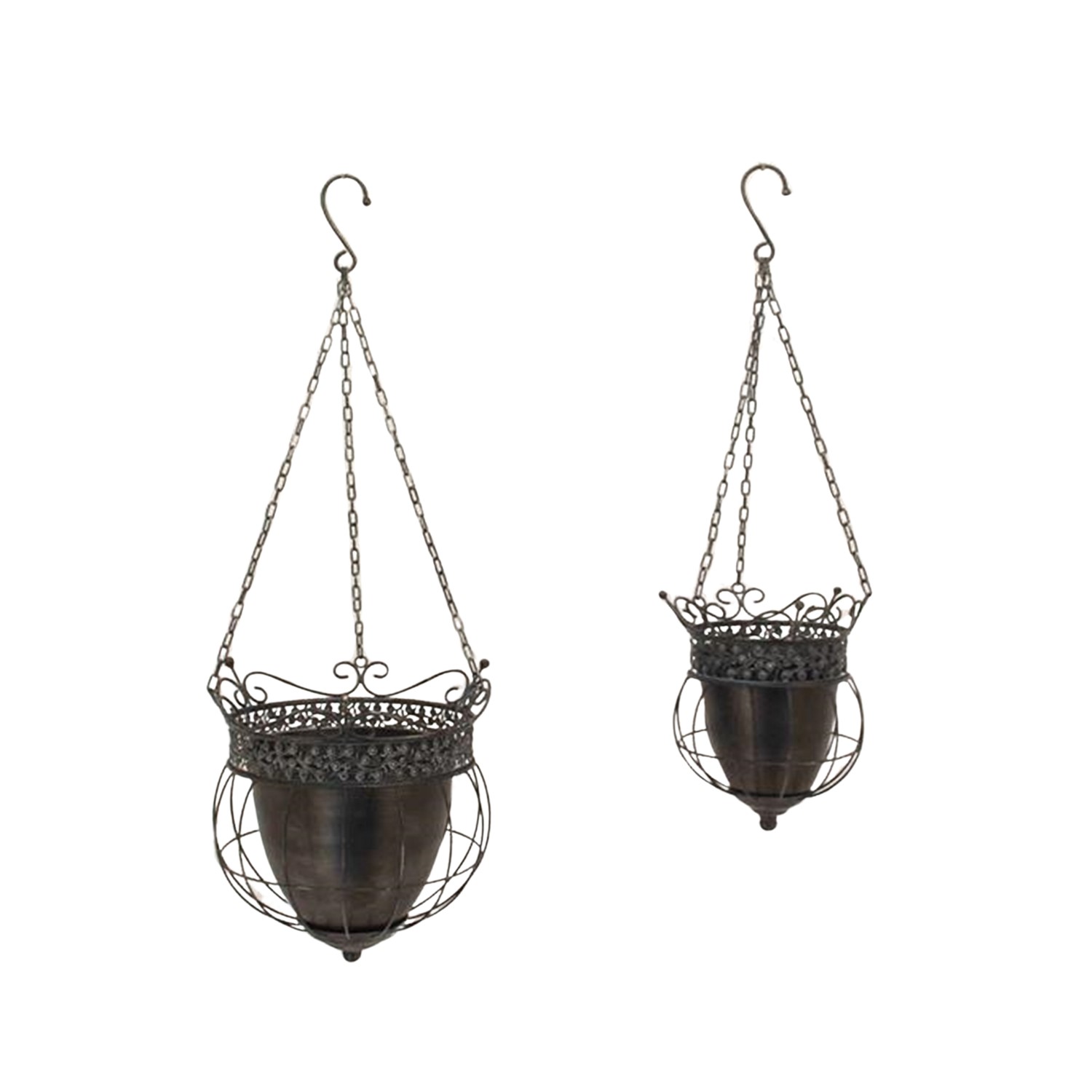 Zaer Ltd International Pre-Order: Set/2 Hanging Antique Bronze Ornate Metal Basket Planters "Riordan" ZR240868-BZ