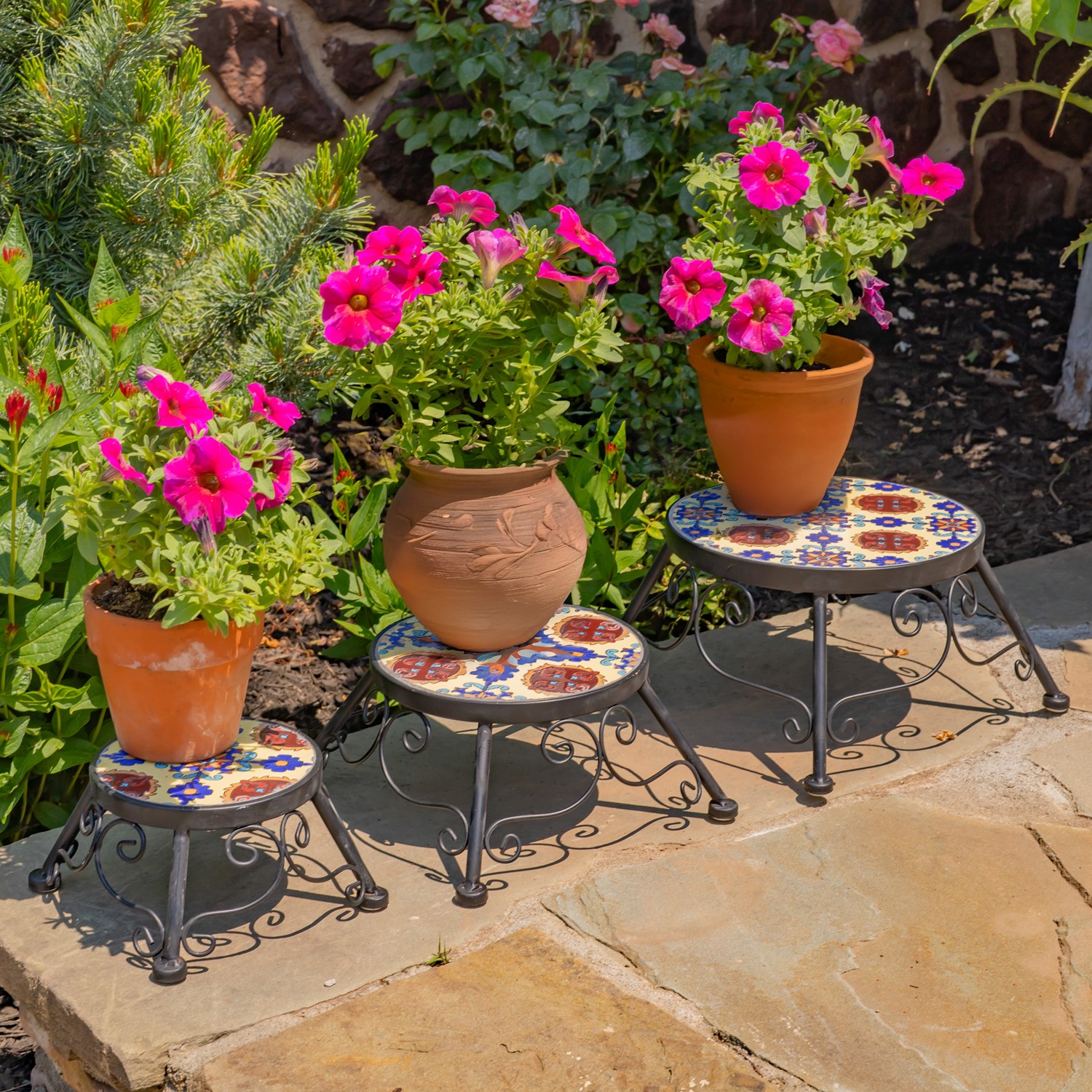 Zaer Ltd International Pre-Order: Set of 3 Mosaic Top Plant Riser Stands in Yellow/Blue/Red "Calabria" ZR850022-SET