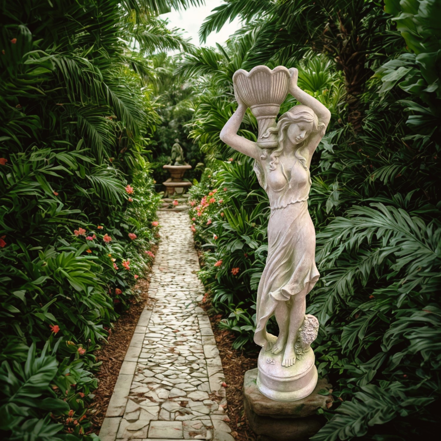 Zaer Ltd International Pre-Order: 71" Tall Lady Statue Carrying Flower Pot in Moss-Grey (Right) "Keira" ZR267271-MG