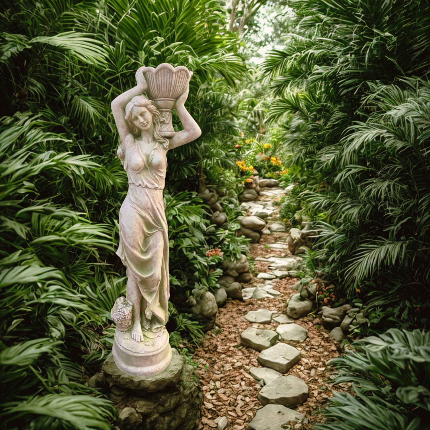 Zaer Ltd International Pre-Order: 71" Tall Lady Statue Carrying Flower Pot in Moss-Grey (Left) "Dariia" ZR267371-MG