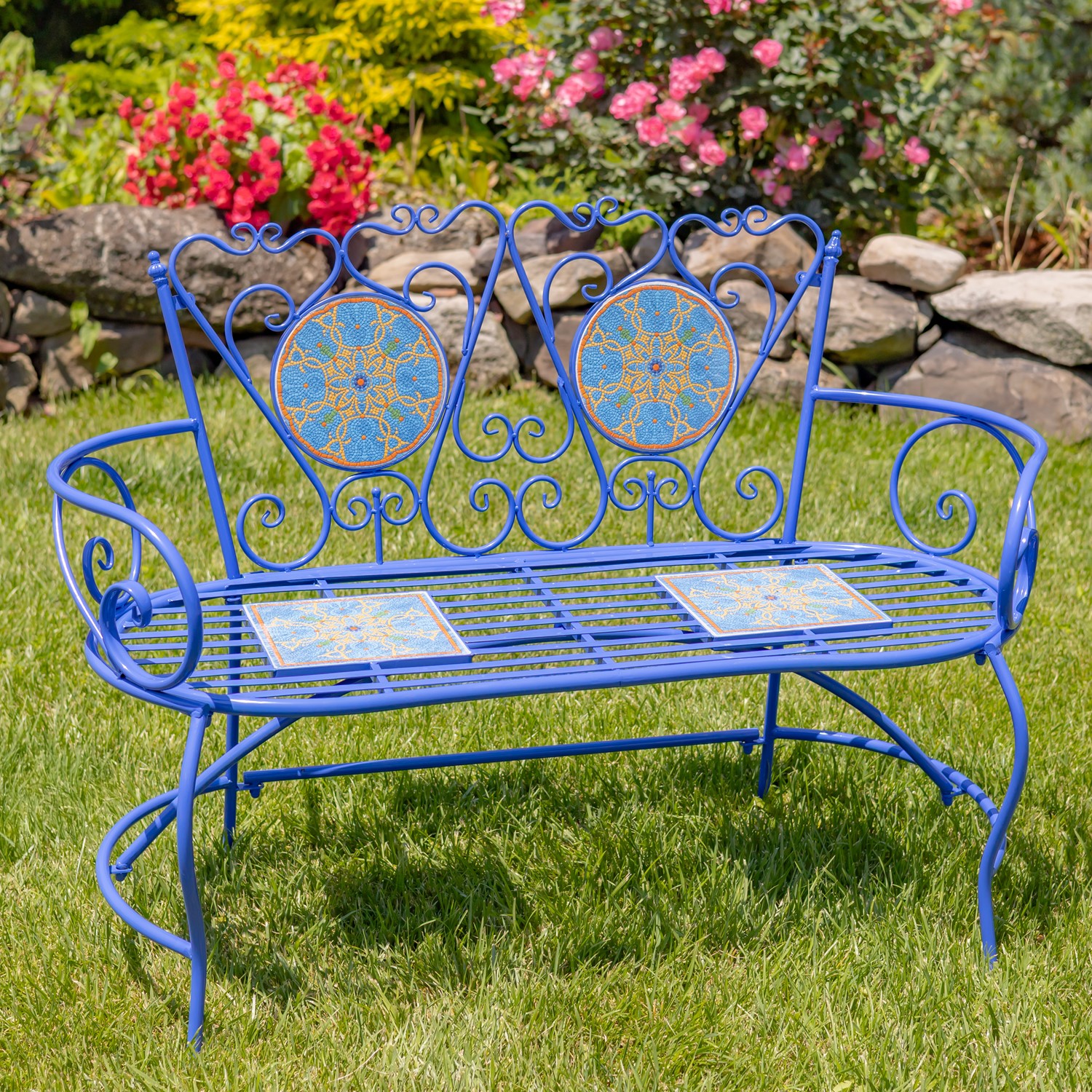 Zaer Ltd. International "Baton Rouge" Mosaic Tile Bench with Iron Frame - Blue, Green & Red ZR850917