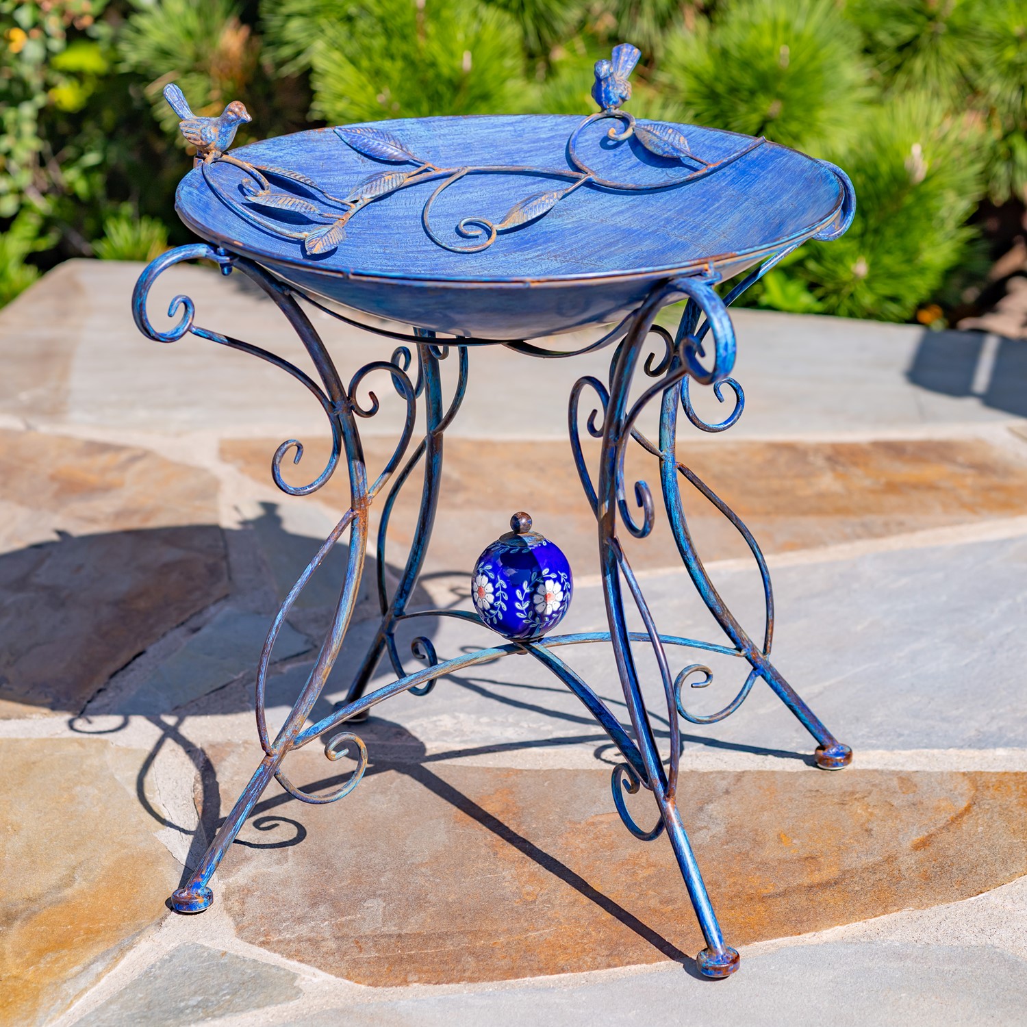 Zaer Ltd. International 23" Tall Iron Birdbath with Bird Details & Porcelain Accent in Blue "Rome 1945" ZR180891-BL