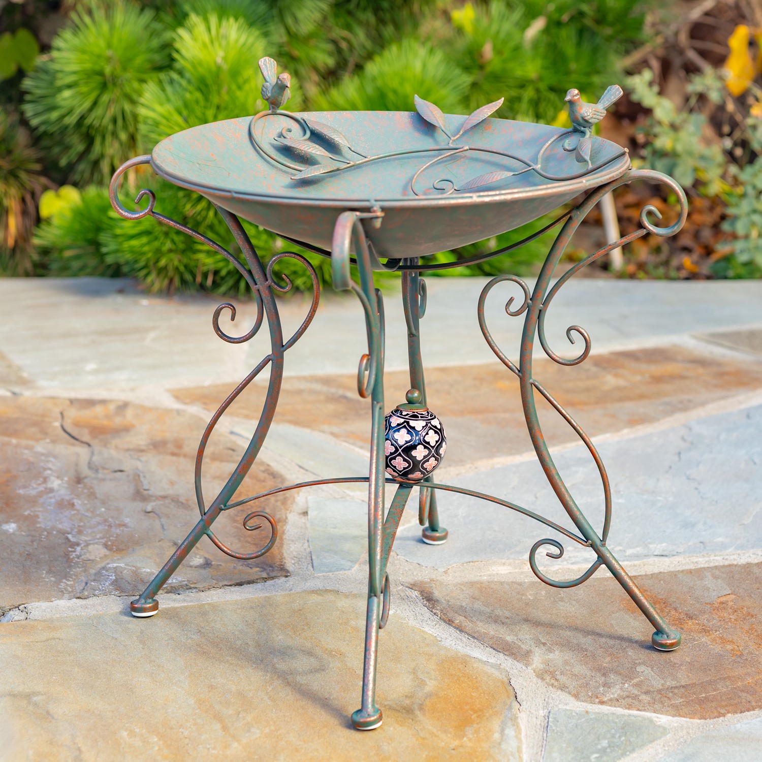Zaer Ltd. International 23" Tall Iron Birdbath with Bird Detail & Porcelain Accent in Bronze "Rome 1945" ZR180891-BZ