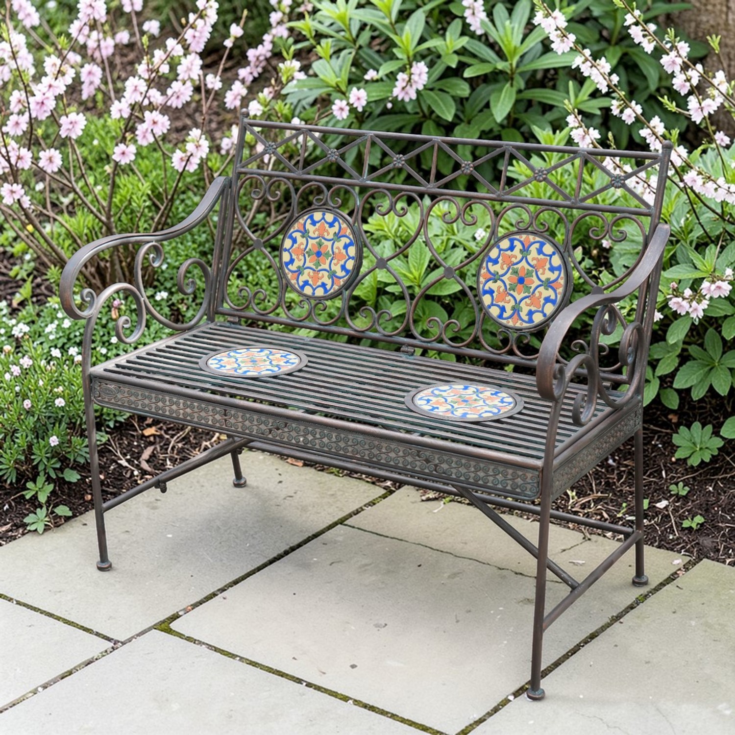 Zaer Ltd International 43" Long Montpellier Mosaic Metal Rectangular Garden Bench "Antigone" ZR250061-BZ