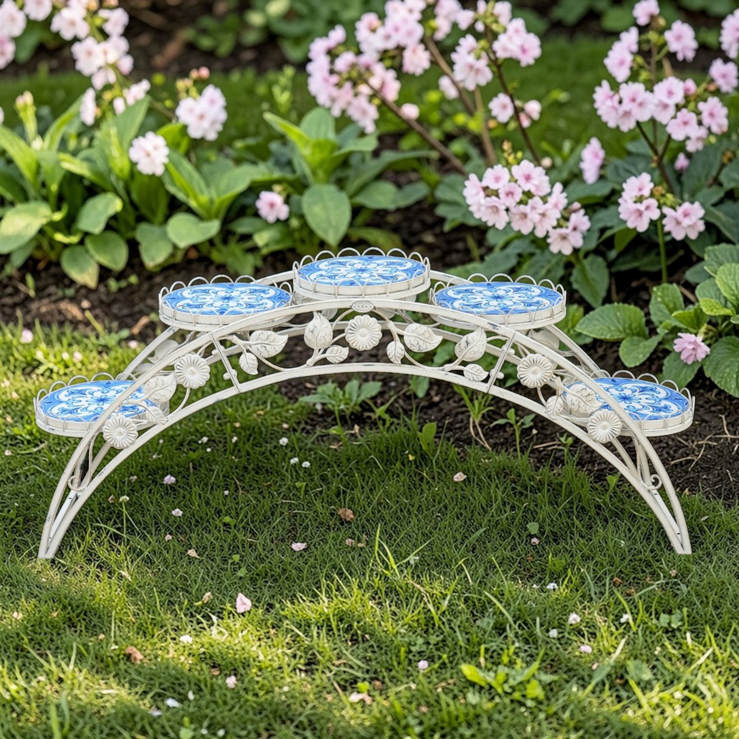 Zaer Ltd. International 5ft Long Santorini Bridge-Like Iron & Mosaic Plant Stand in White "Écusson" ZR250080-AW