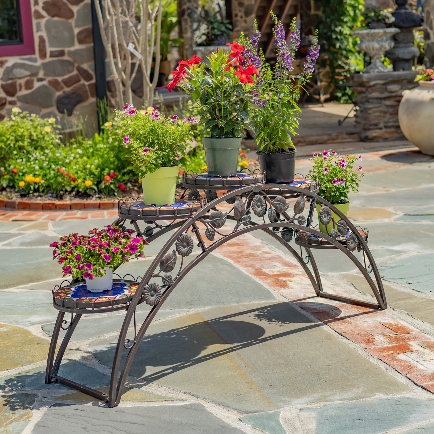 Zaer Ltd. International 5ft Long Santorini Bridge-Like Iron & Mosaic Plant Stand Bronze "Basilica" ZR250080-BZ