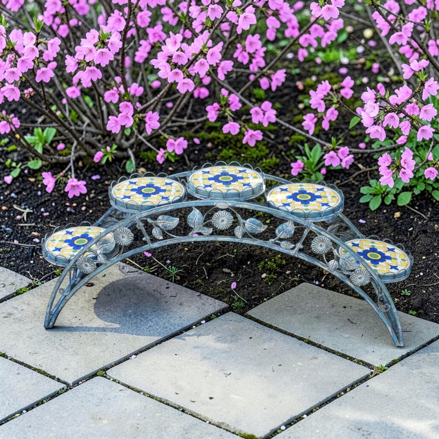 Zaer Ltd. International 5ft. Santorini Bridge-Like Iron & Mosaic Plant Stand in Blue "Piazza" ZR250080-BL