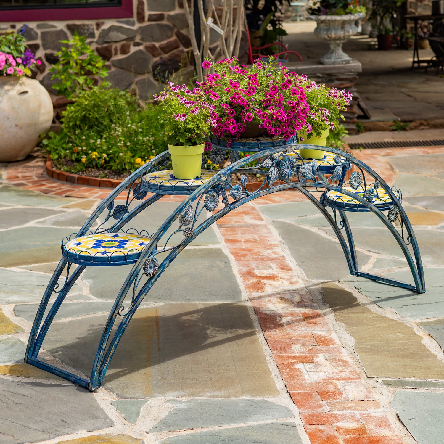 Zaer Ltd. International 6.5ft Santorini Bridge-Like Iron & Mosaic Plant Stand in Mossy-Blue "Piazza" ZR250081-BL