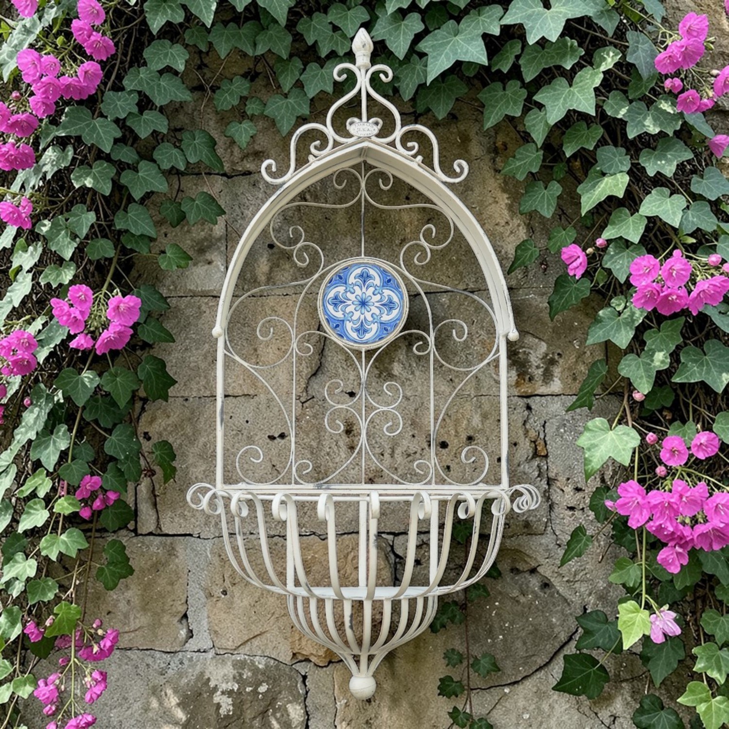 Zaer Ltd. International Santorini Iron & Mosaic Hanging Wall Planter in Antique White "Écusson" ZR250083-AW