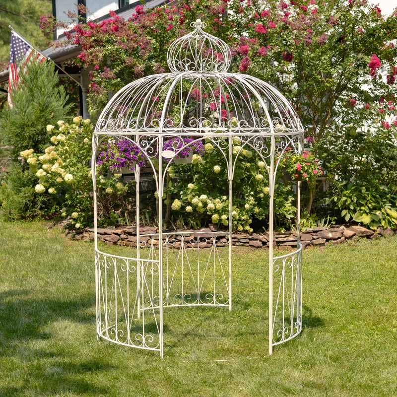 Zaer Ltd. International 9ft. Tall Round Iron Garden Gazebo with Three Side Walls in Antique White ZR101634-AW