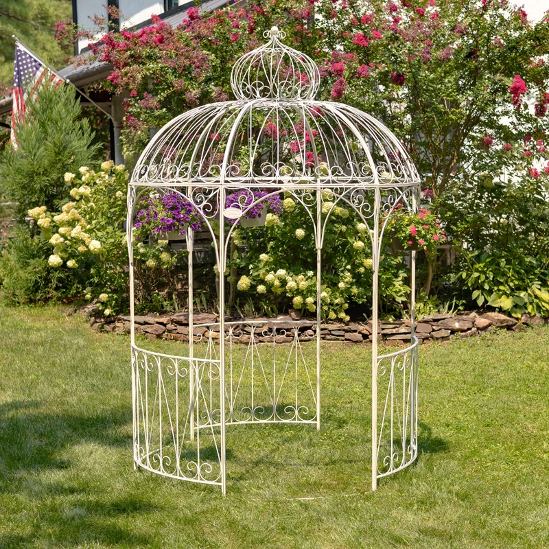 Zaer Ltd. International Pre-Order: 9ft. Tall Round Iron Garden Gazebo with 3 Side Walls in Antique White ZR101634-AW