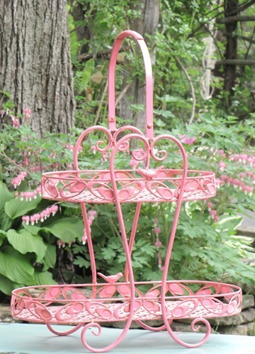 Pink Two Tier Small Basket Stand With Bird Detail