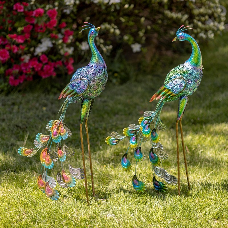 Zaer Ltd. International Set of Two 35" Tall Standing Colorful Iron Peacocks ZR140220-SET