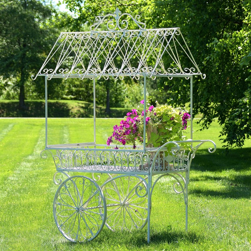 Zaer Ltd. International 7.9ft Tall Antique Style Iron Flower Cart in Antique White "Paris 1968" ZR154079-AW