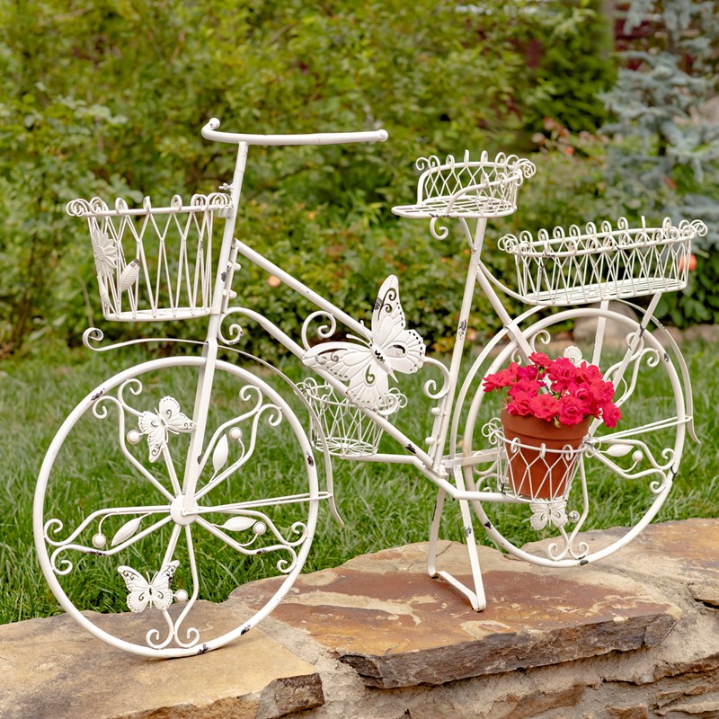 Zaer Ltd International Pre-Order: 37.5"T Iron Butterfly Bicycle Plant Stand with 5 Baskets "Mariposa" ZR367701-AW