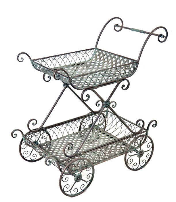 2 Tier Flower Cart Plant Stand With Moving Wheels Green Bronze Color 2 Tier Flower Cart Plant Stand With Moving Wheels Green Bronze Color Finish