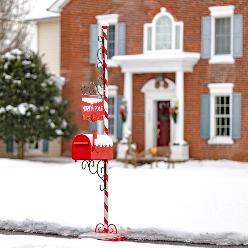 Zaer Ltd International 72" Tall Christmas Mailbox with Candy Cane Pole and Hanging Sign Plate ZR361690