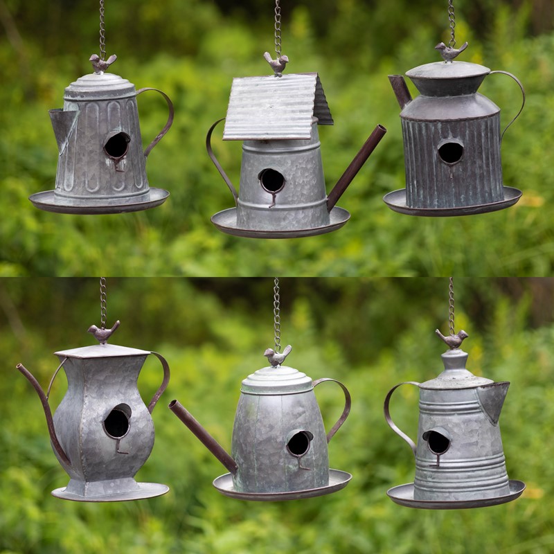 Zaer Ltd International Pre-Order: Set of 6 Assorted Style Galvanized Teapot Birdhouses ZR170773-GVS