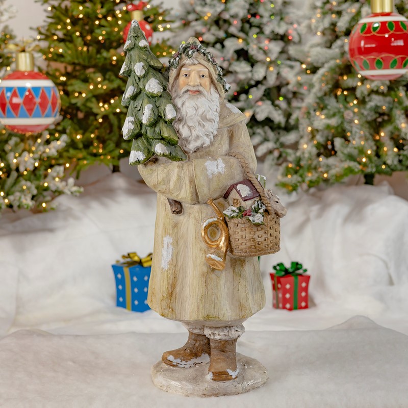 Zaer Ltd International Olde World Santa Claus Holding Christmas Tree & Basket ZR117654