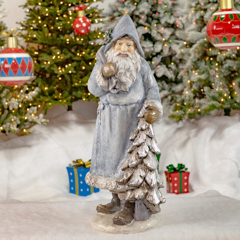 Zaer Ltd International 36" Tall Olde World Santa Claus with Bag of Gifts & Christmas Tree - Blue Cloak ZR117615