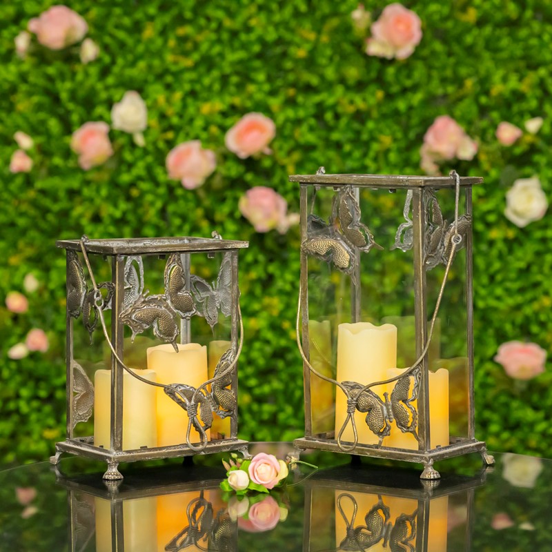 Zaer Ltd International Set of 2 Rectangular Glass Butterfly Lanterns in Frosted Gold ZR630608-FGS