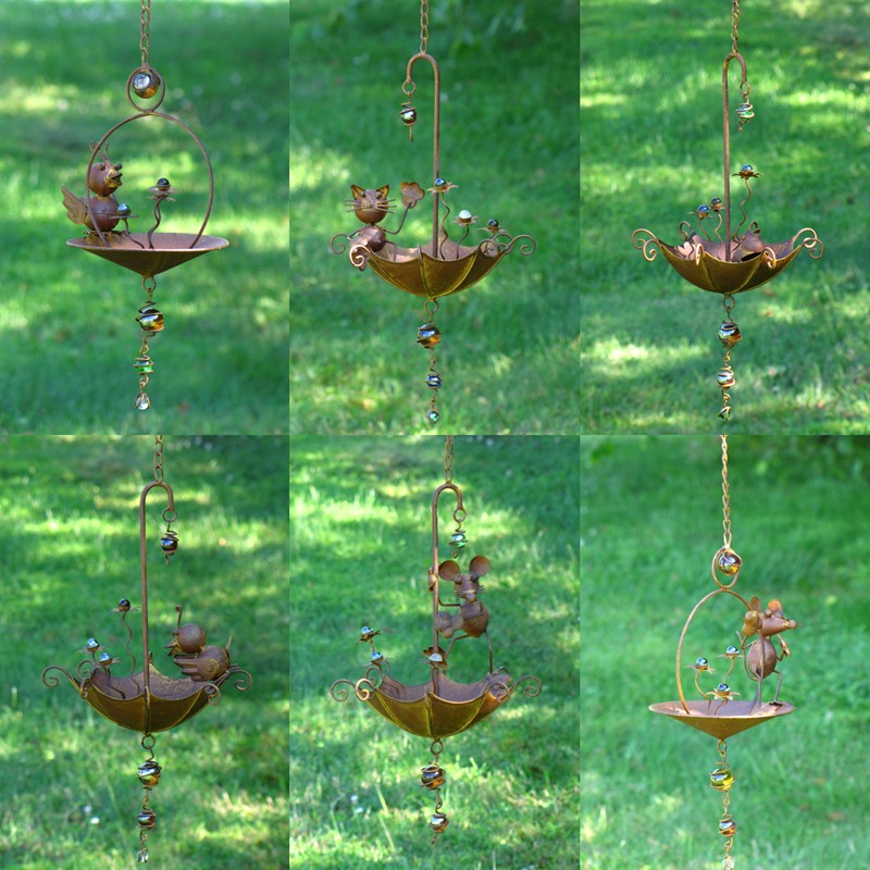 Zaer Ltd. International Pre-Order: Set/6 Assorted Animal Hanging Umbrella Birdfeeder Wind Chimes in Rust ZR777107-RSS