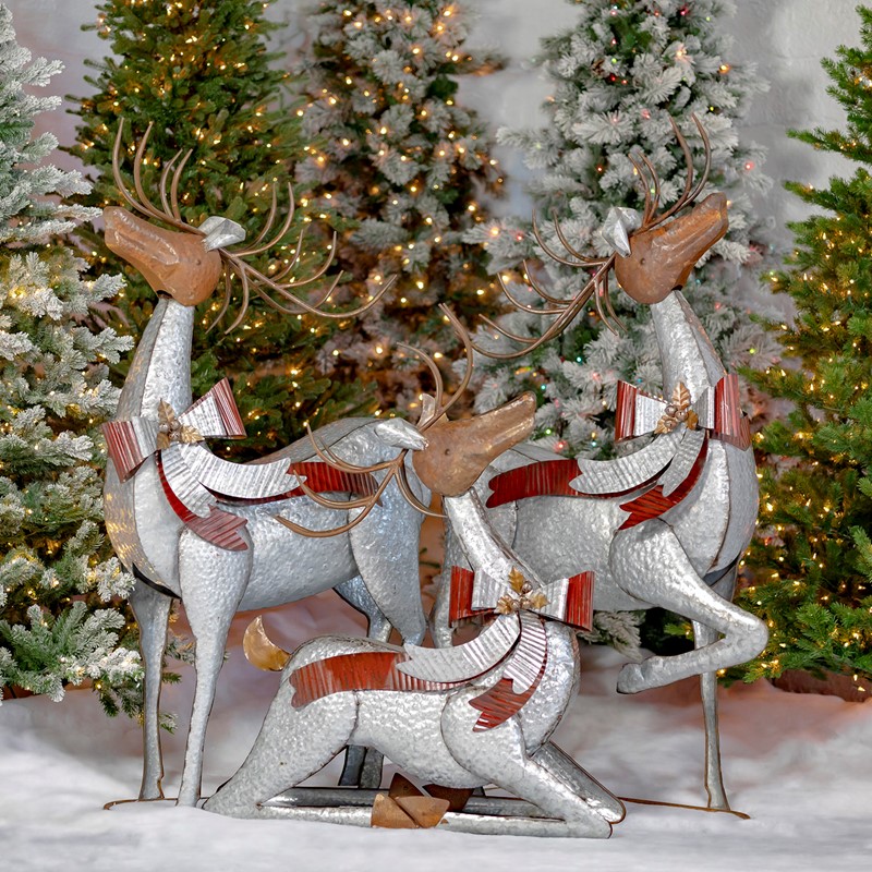 Zaer Ltd International Set of 3 Large Galvanized Reindeer with Bows and Bells ZR170827