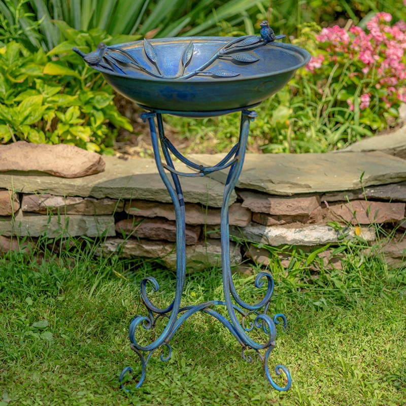 Zaer Ltd International 31in. Tall "Two Birds" Iron Birdbath with Frosted Blue Finish ZR180387-FB