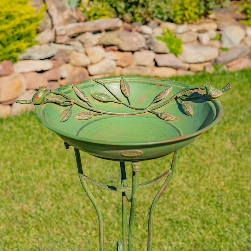 Zaer Ltd International 31in. Tall "Two Birds" Iron Birdbath with Verdi Green Finish ZR180387-VG