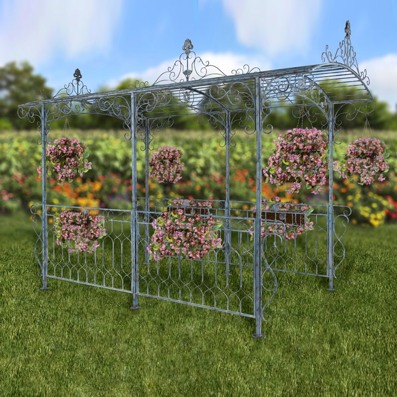 Zaer Ltd International Pre-Order: 13.25ft. Long Iron Gazebo with Planters in Light Blue "Georgia 2019" ZR180063-LB