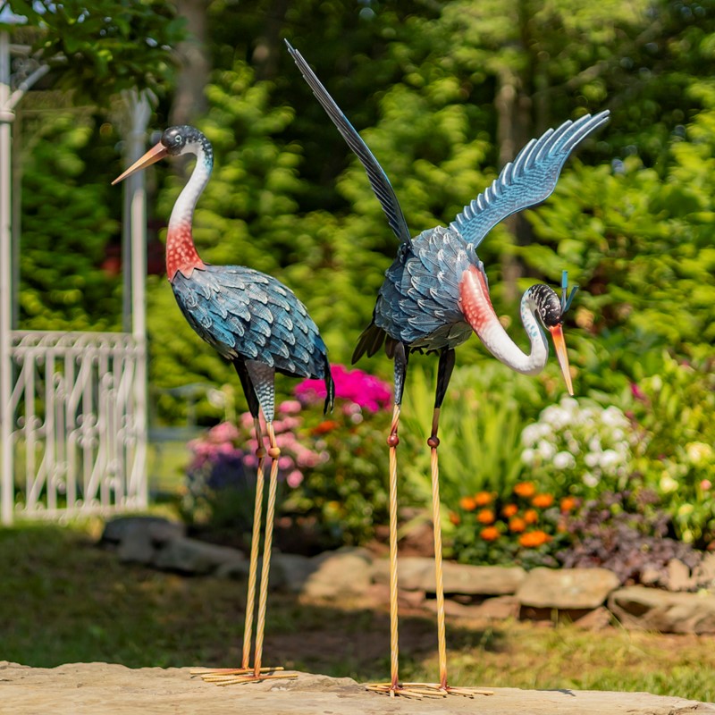 Zaer Ltd International Set of 2 Large Iron Blue Paradise Crane Figurines ZR801003-SET