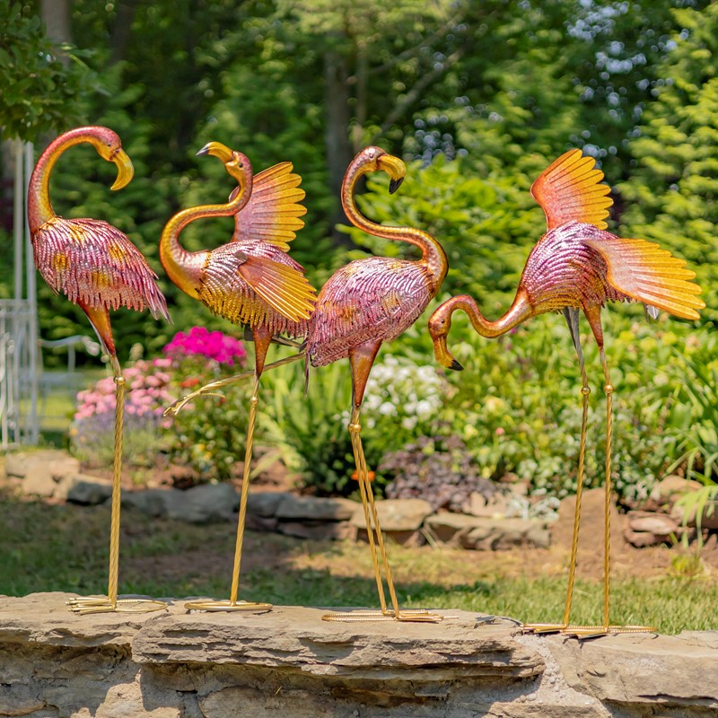Zaer Ltd International 42" Tall Set of 4 Metallic Pink Iron Flamingo Outdoor Decorations ZR801006-SET