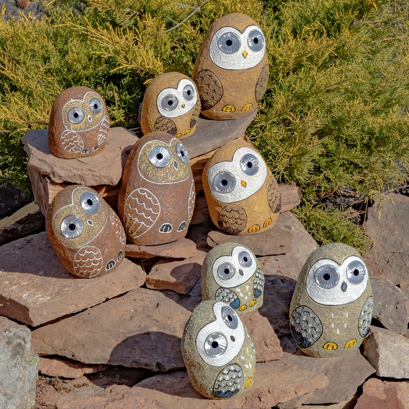 Zaer Ltd International Set of 3 Solar "Rock" Owls with Light Up Eyes in 3 Assorted Colors VA100001