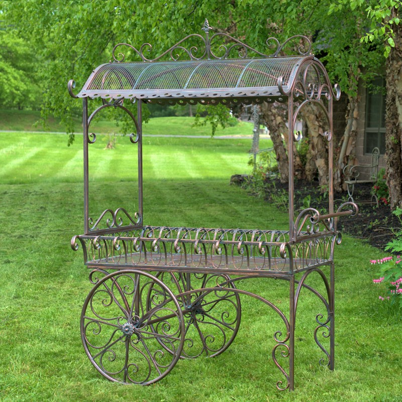 Zaer Ltd. International "Tusheti" 78.74in. Tall Large Iron Flower Cart with Roof in Antique Bronze ZR180522-BZ