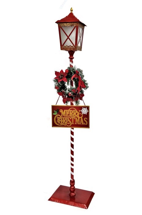 Zaer Ltd International Pre-Order: 59" Tall Standing Iron Lantern with LED Lights and Wreath ZR180857